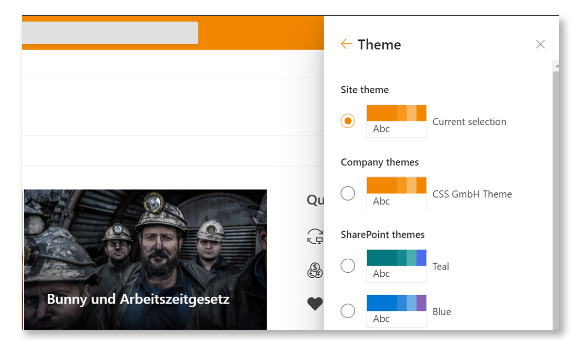 Screenshot auf dem man das Thema bzw. die Farben für das CSS-Intranet sieht. Es ist eine Farbpalette mit Orange-Tönen.